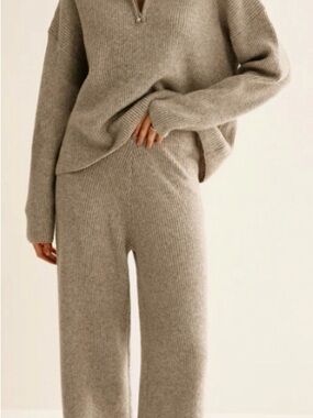 Commense Neutral Ribbed Knit Sweater Set - Beige